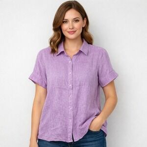 Coldwater Creek Linen Shirt Sz XL 18 Purple Short Sleeve Button Down